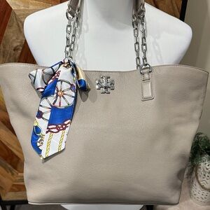 Tory Burch Beige Leather Tote with Scarf Accent